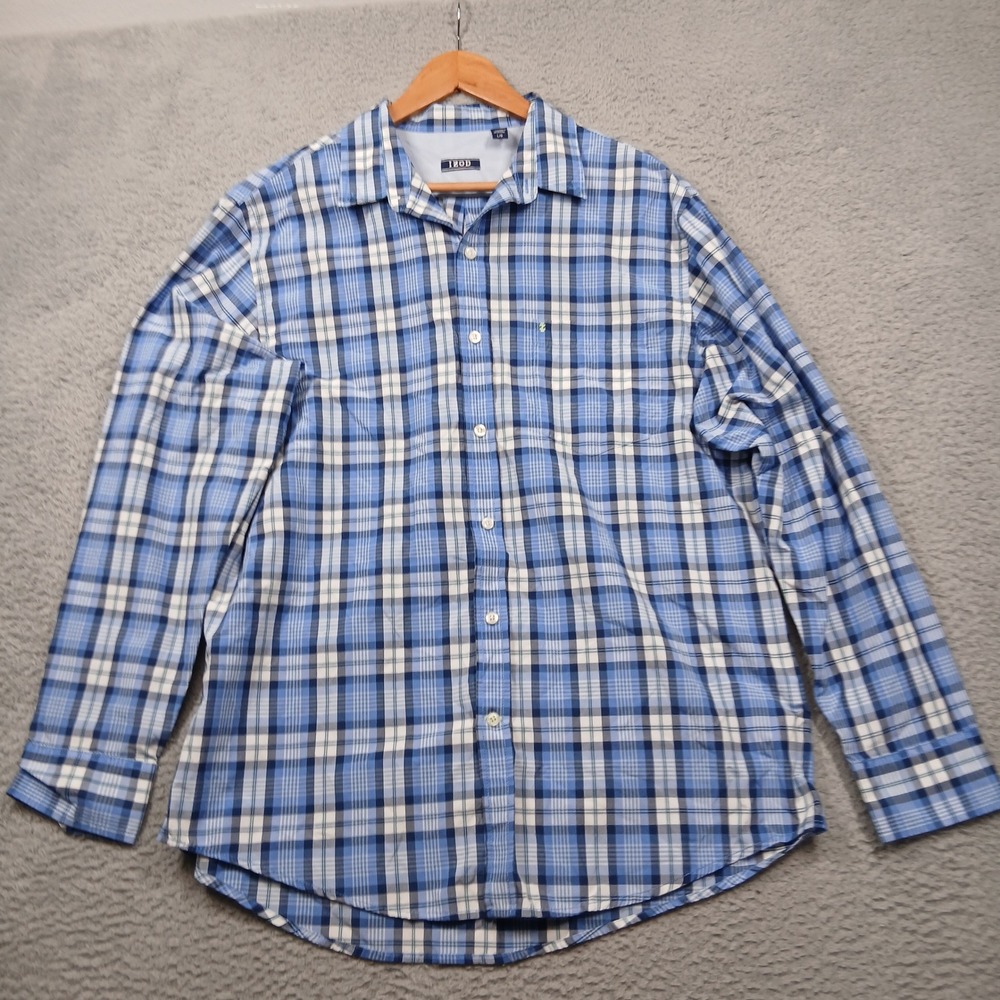 Izod Plaid Button Down Shirt Men's Large Blue White Long Sleeve Cotton Blend